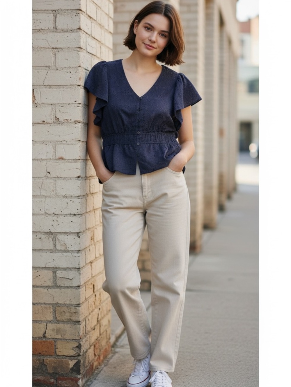 NWT Time and Tru Women’s Eyelet Flutter-Sleeve Peplum Top in Navy Size XXXL - Picture 10 of 10
